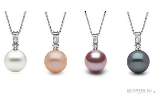 Pendente oro bianco 14k con diamanti e Perla Acqua Dolce bianca, rosa pesca, lavanda e nera