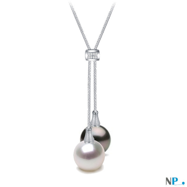 Collana 40-45 cm Argento 925 con Diamanti, perla di Tahti AAA e perla bianca DOLCEHADAMA