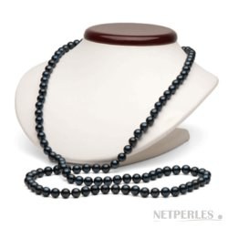 Lunga collana di 90 cm, perle Akoya nere 6.5-7 mm AA+