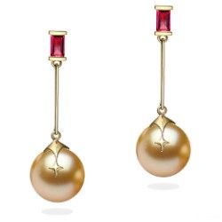  Orecchini in oro 18k con rubini e perle dorate delle Filippine 9-10 mm AAA