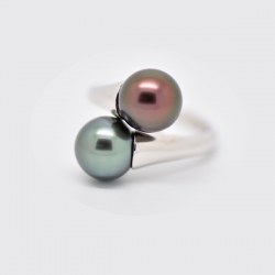 Anello You&Me, argento 925, perle di Tahiti nere qualità AA/AA+ Misura 15