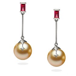  Orecchini in argento 925 con rubini e perle dorate delle Filippine 9-10 mm AAA