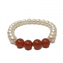 Braccialetto Perle coltivate d'acqua dolce bianche da 7-8 mm e pietre di Agata Rossa da 8 mm