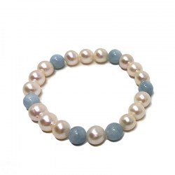 Braccialetto elastico di perle coltivate e pietra semipreziosa Acquamarina