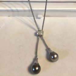 Collana 40-45 cm Argento 925 con Diamanti e perle di Tahti 9-10 mm AAA